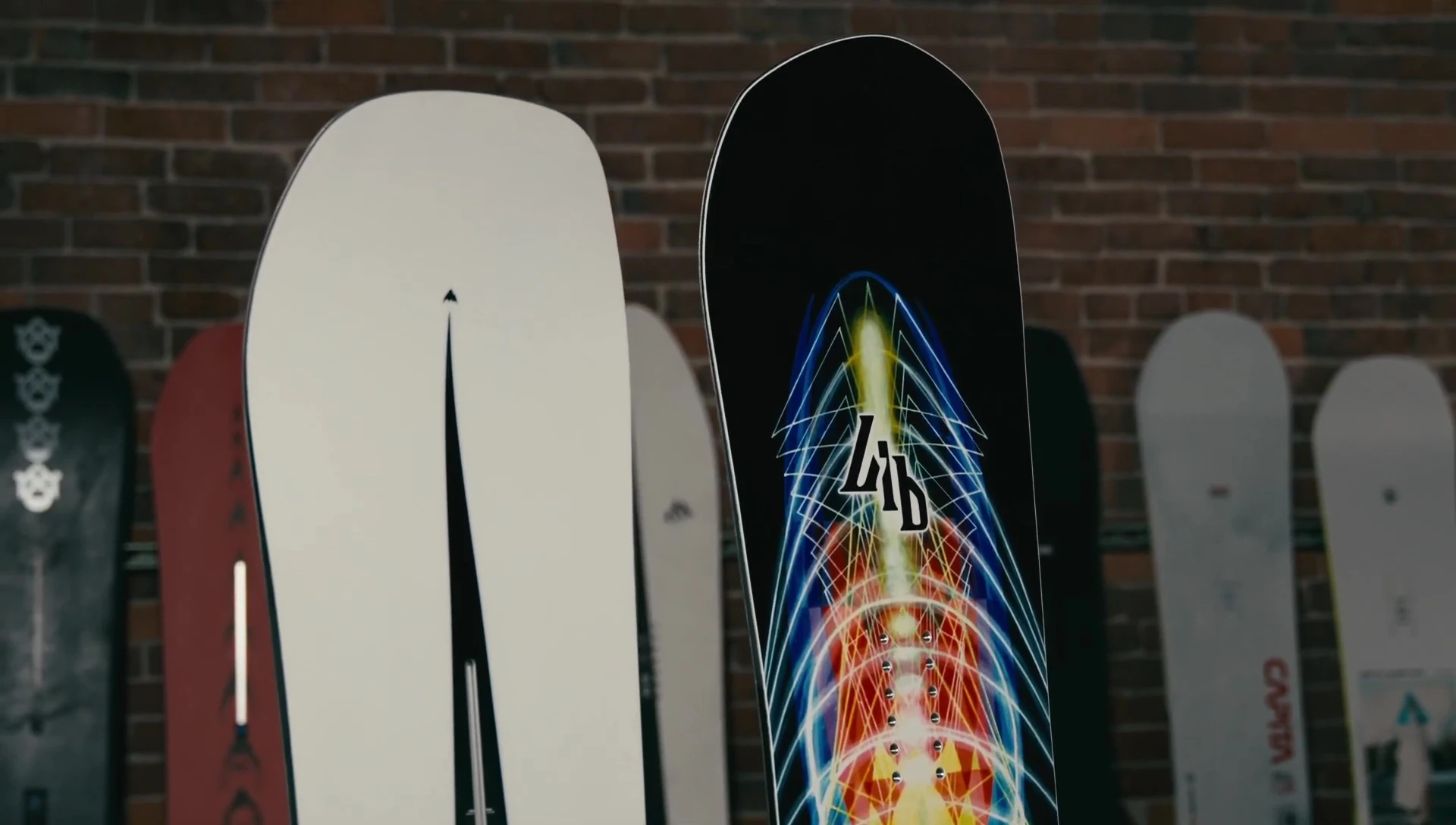 Detail shot emphasizing the Flying V profile of the Burton Custom