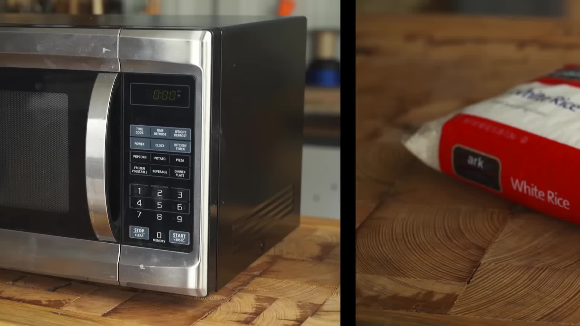 Close-up of the materials needed: rice, microwave, 2x4, socks.