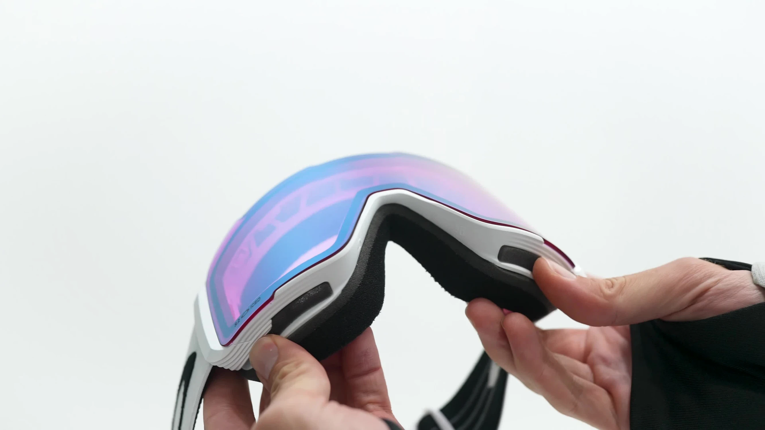 Close-up of Oakley Line Miner Pro goggles showcasing the magnetic lens system.