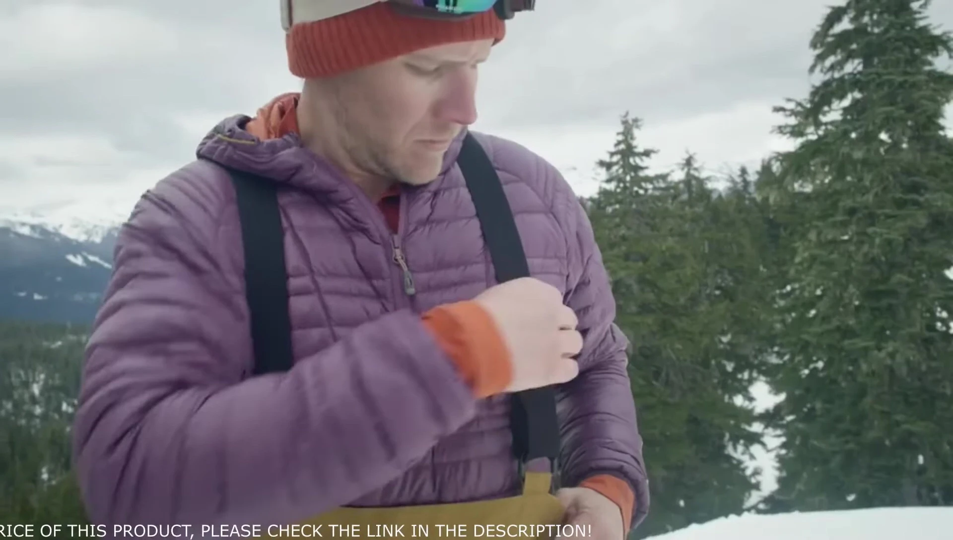 Detail shot highlighting the bib pant's features like pockets and suspenders