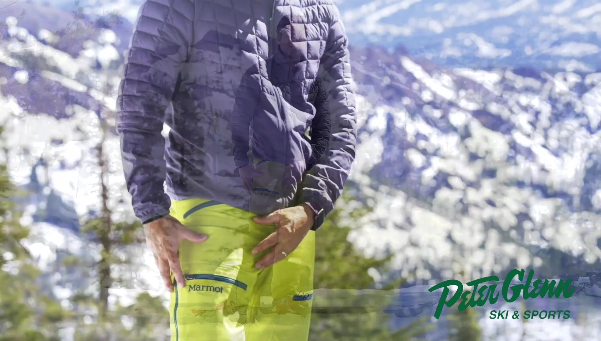 Close-up shot of the Marmot Free Rider GTX pants, showcasing their color and condition after extensive use.