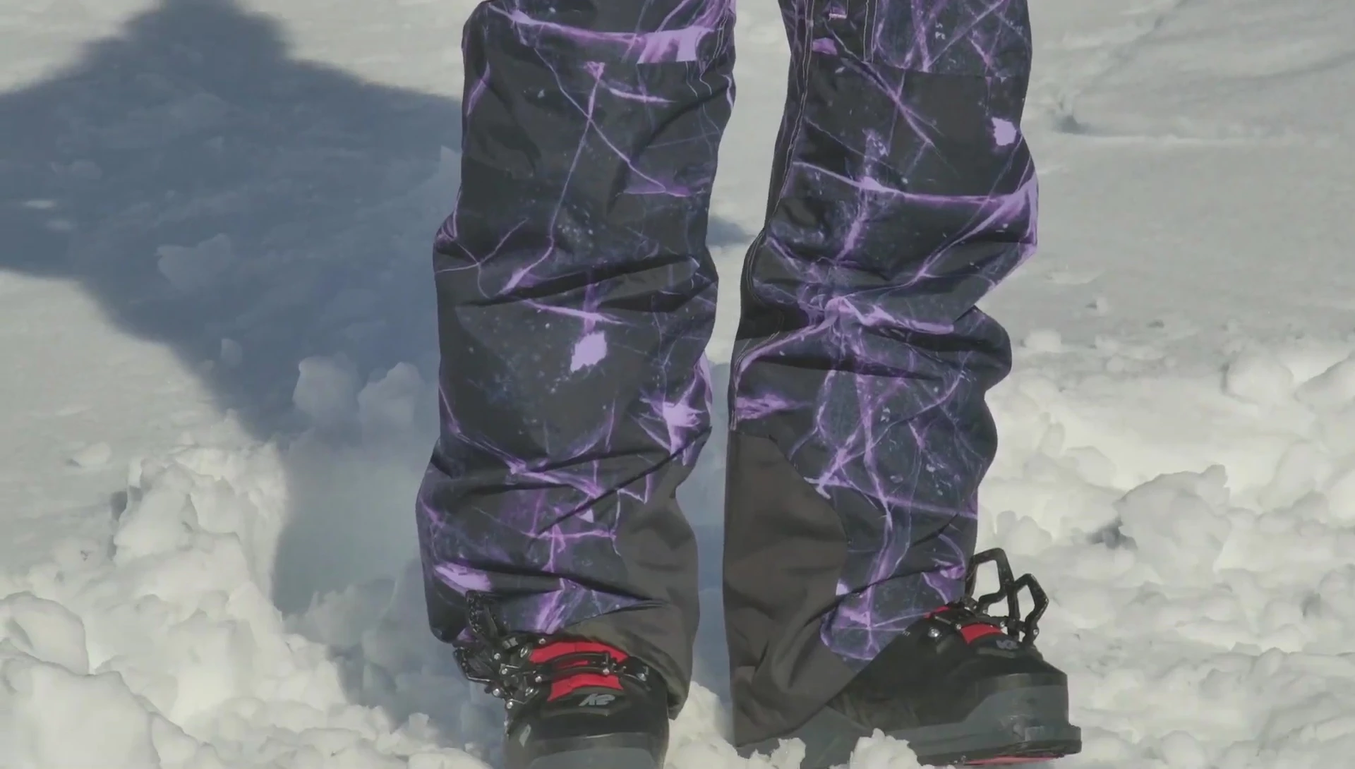 Close-up of the vibrant purple ski pants.