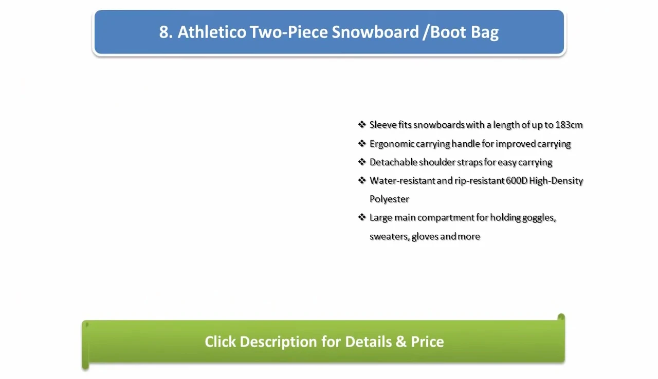 The Athletico two-piece snowboard bag on display, highlighting its design.