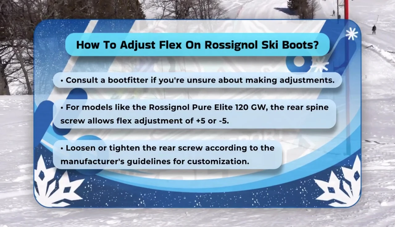 Hands adjusting the rear spine screw on a Rossignol ski boot.