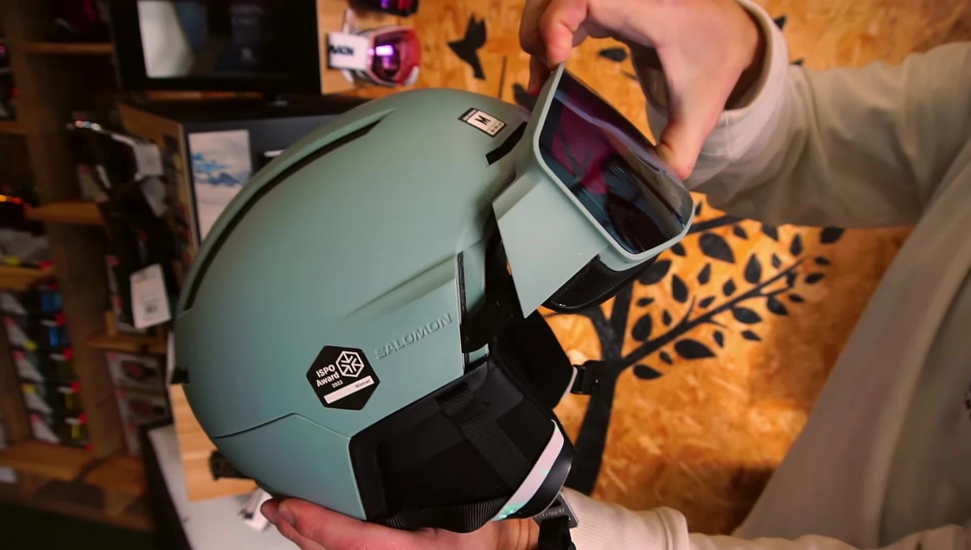 Close-up of the helmet with the goggle attached, showcasing the seamless integration.