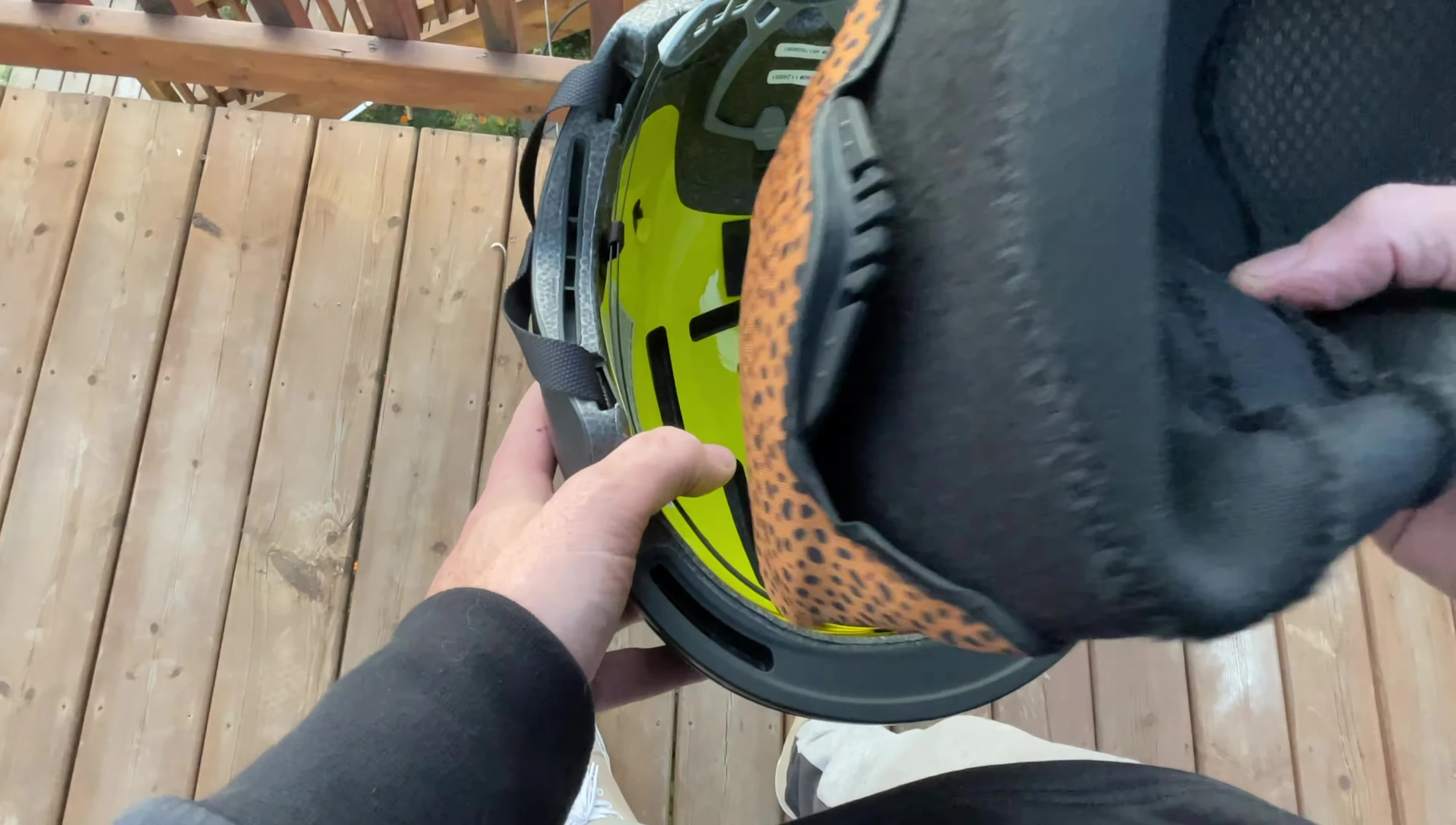 The liner being removed from the helmet.