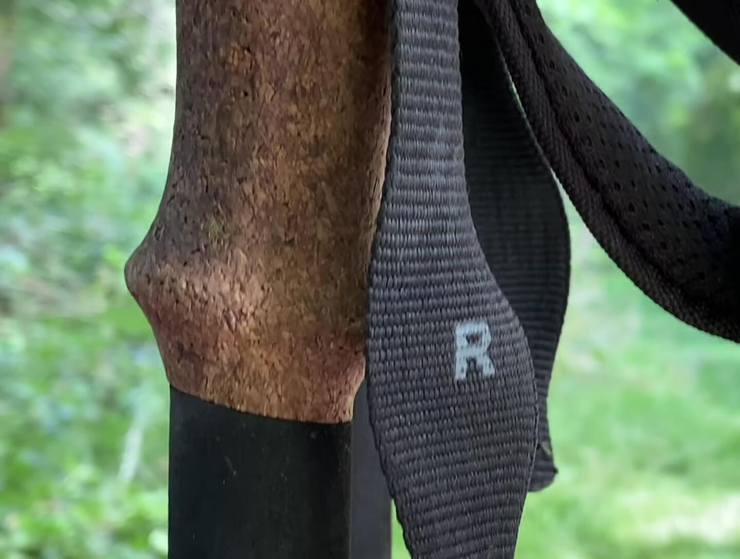 Close up of cork handles on trekking poles