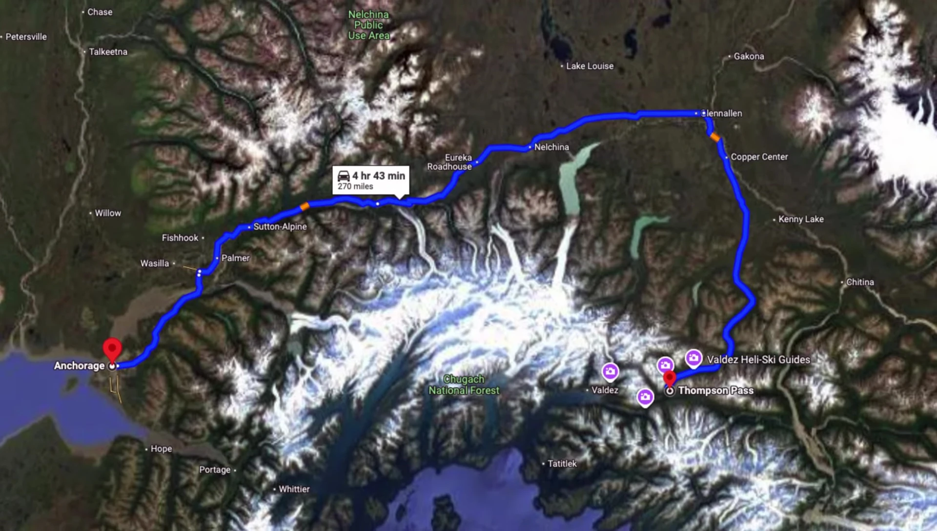 Driving through the Alaskan landscape at night