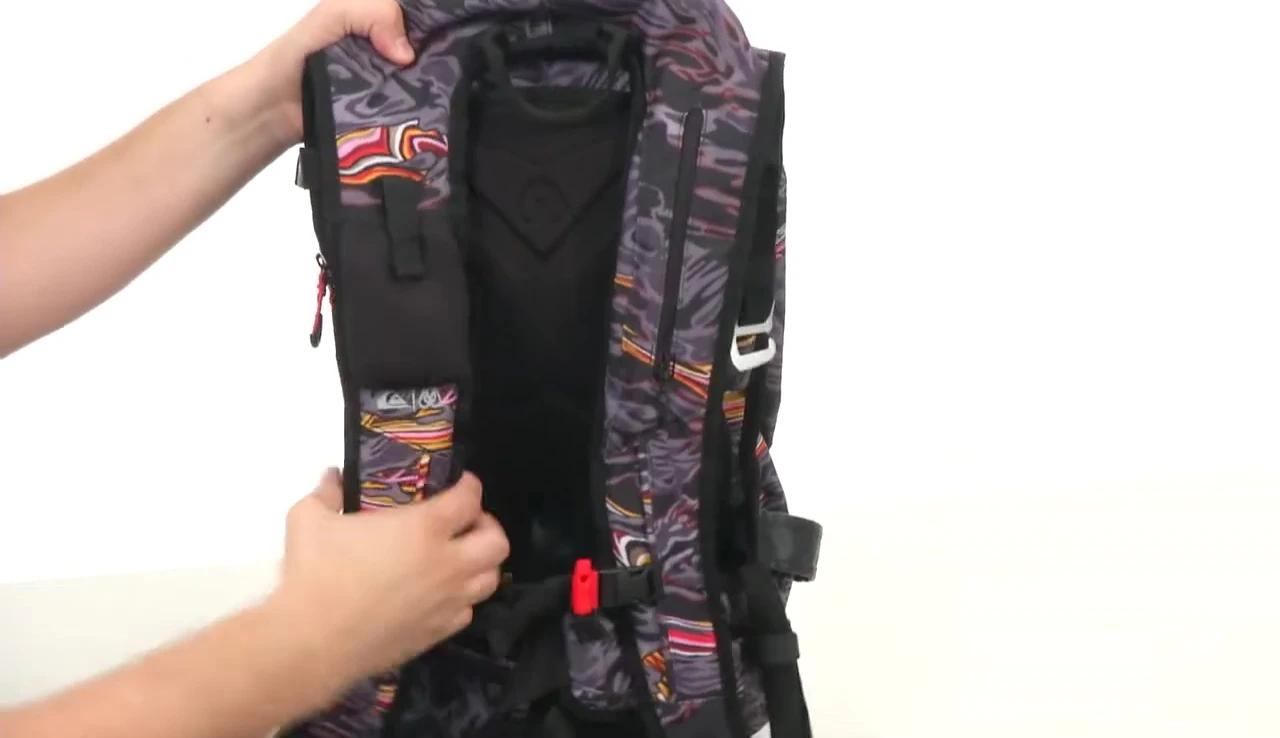 The padded shoulder straps and sternum strap of the backpack