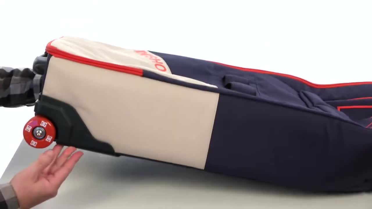 Close-up of the wheels and reinforced rails on the DC Claimer 15 Board Bag.