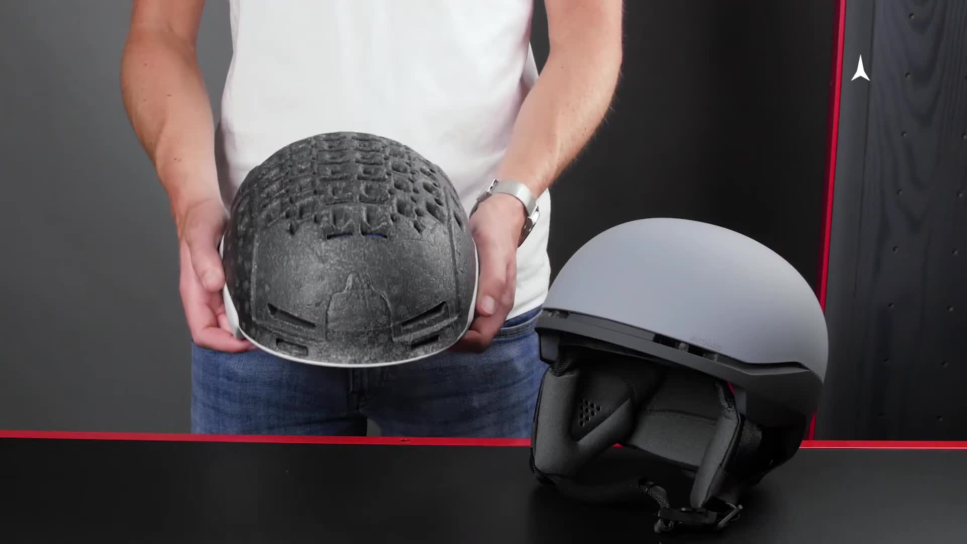 Close-up showcasing the helmet's construction highlighting its impact-resistant features