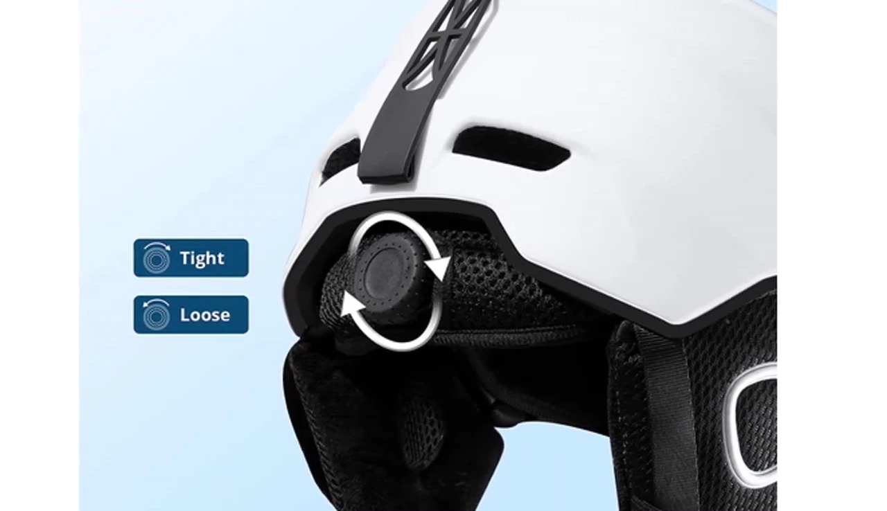 Detail shot of the Akaso helmet's adjustment system and goggle loop.
