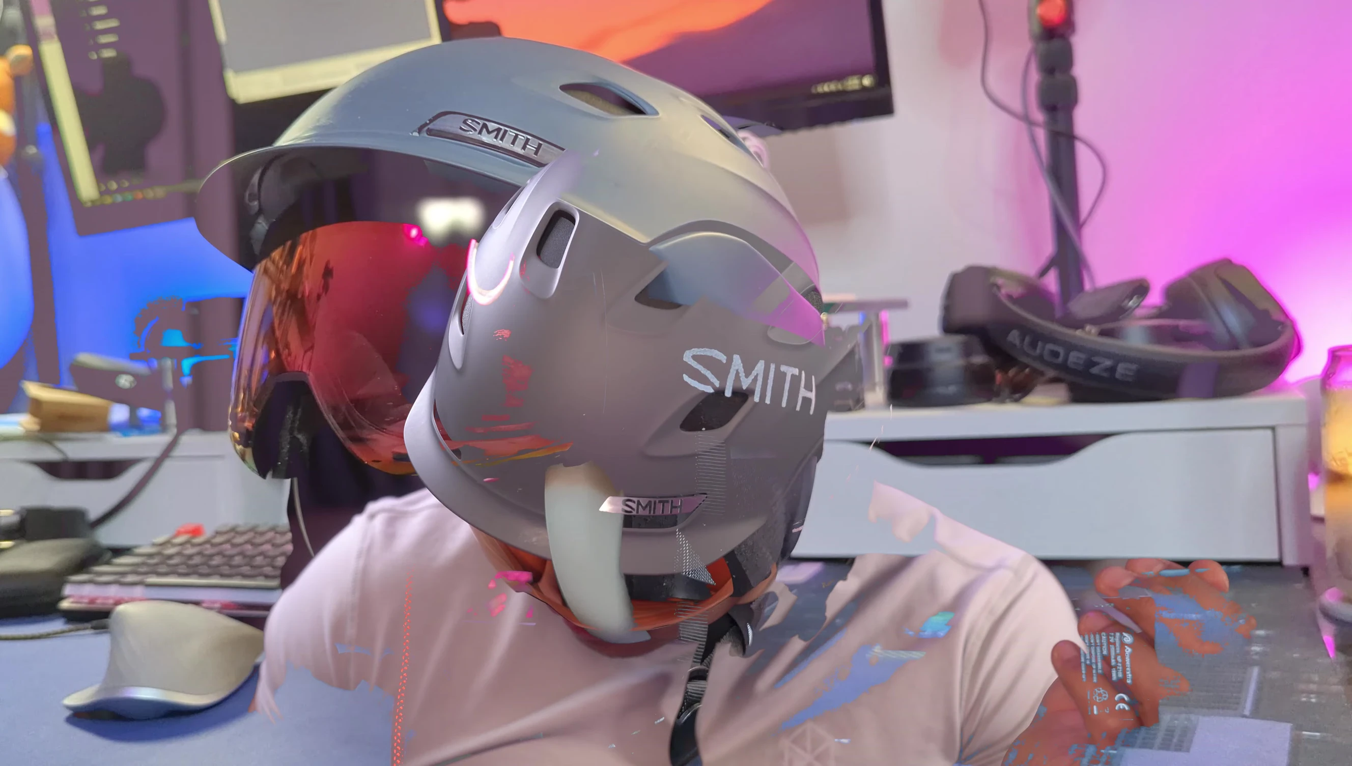 Sound test setup with helmet on.