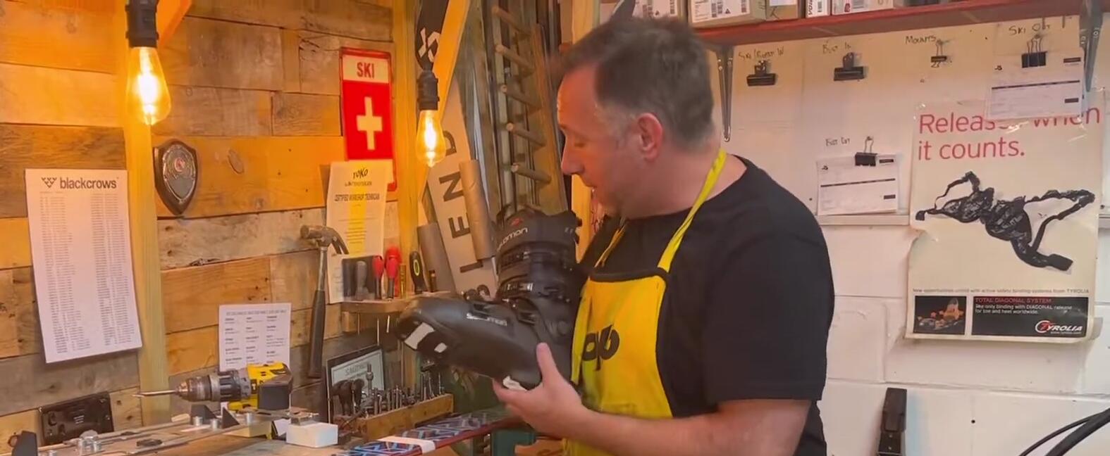 Placing the drilling jig on the ski