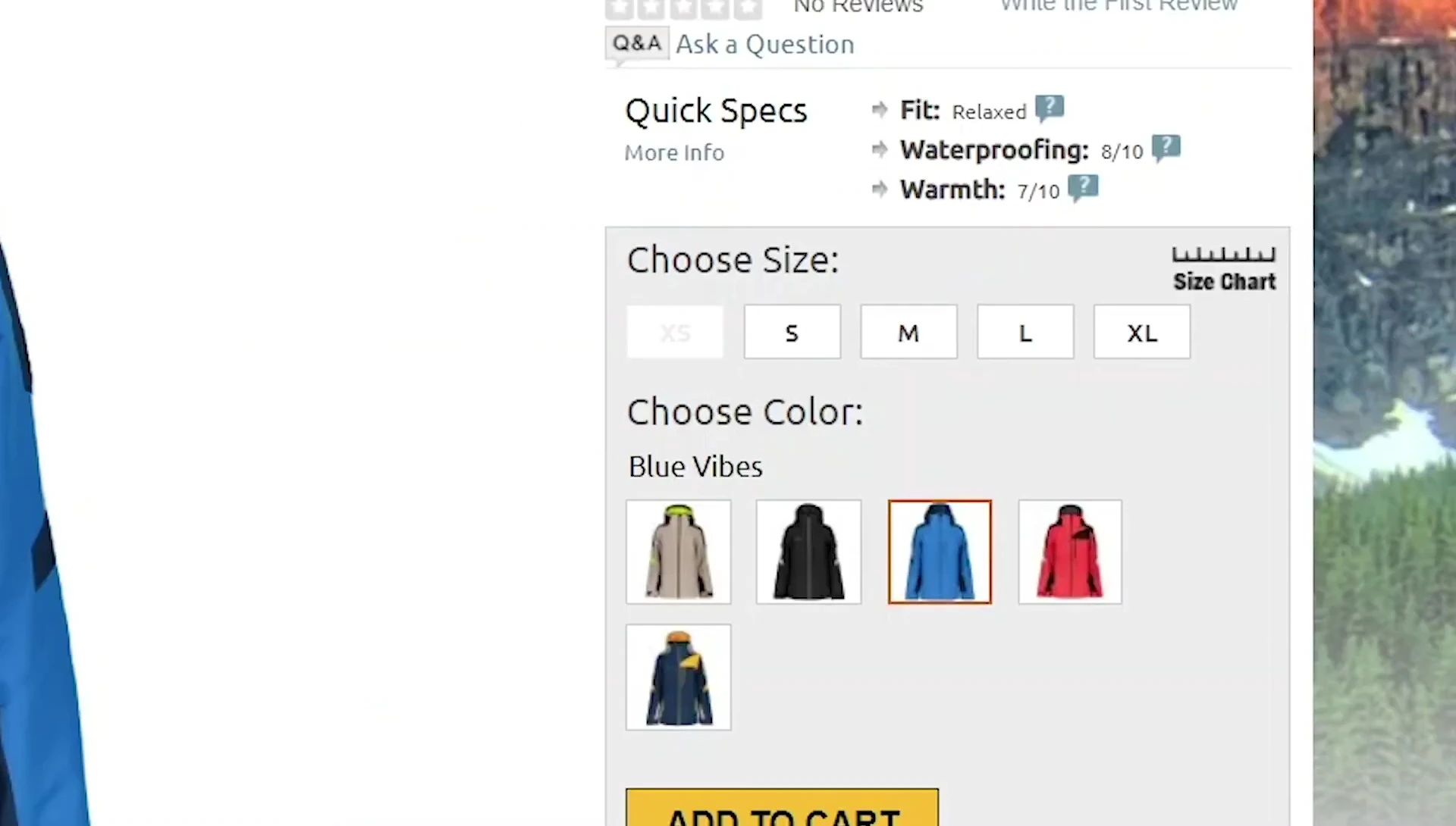 Screenshot of a section of the website showing the size chart