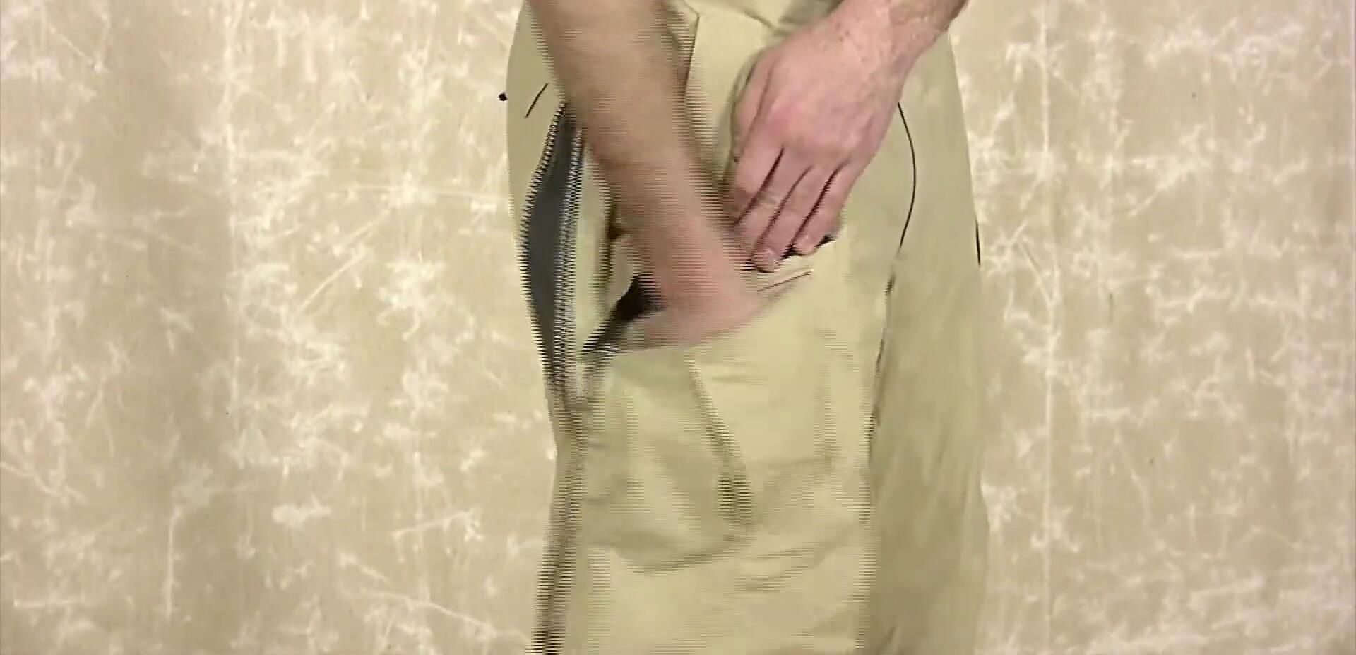 Close-up of the zippered thigh pockets.