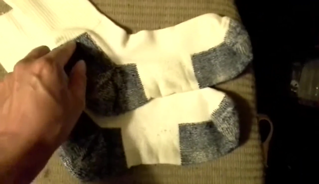 Close up of the sock's heel area, showing the extent of the blue coloring