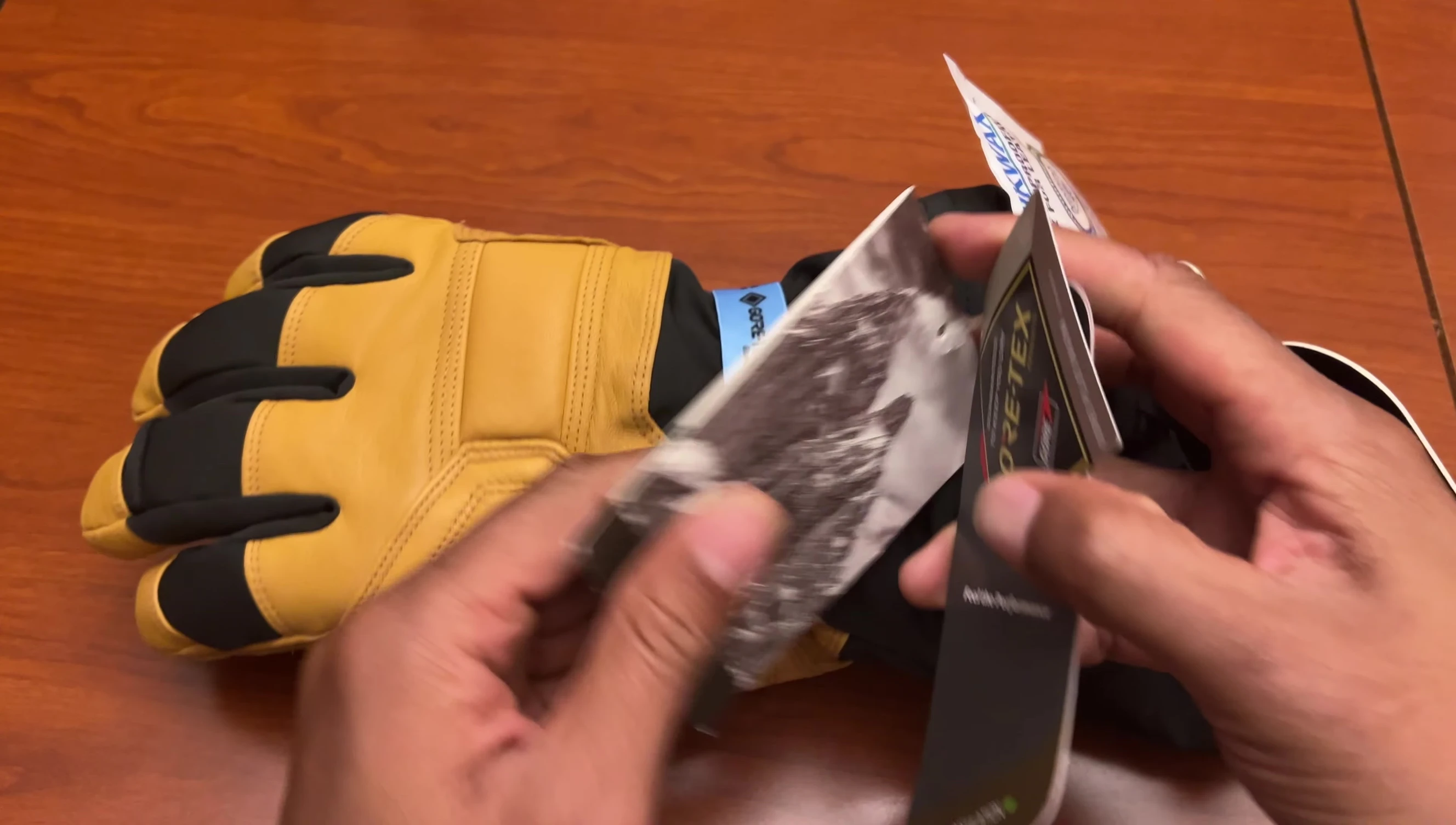 Close-up of the glove packaging highlighting the Gore-Tex and other features.