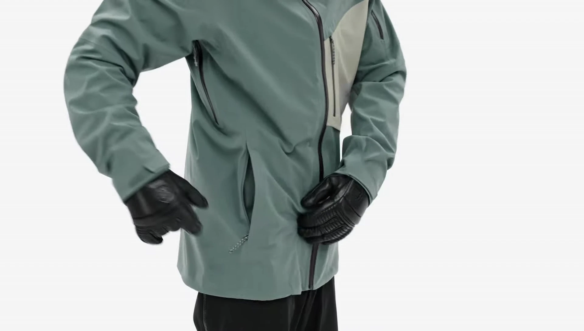 Close-up shot showcasing the various pockets of the jacket.