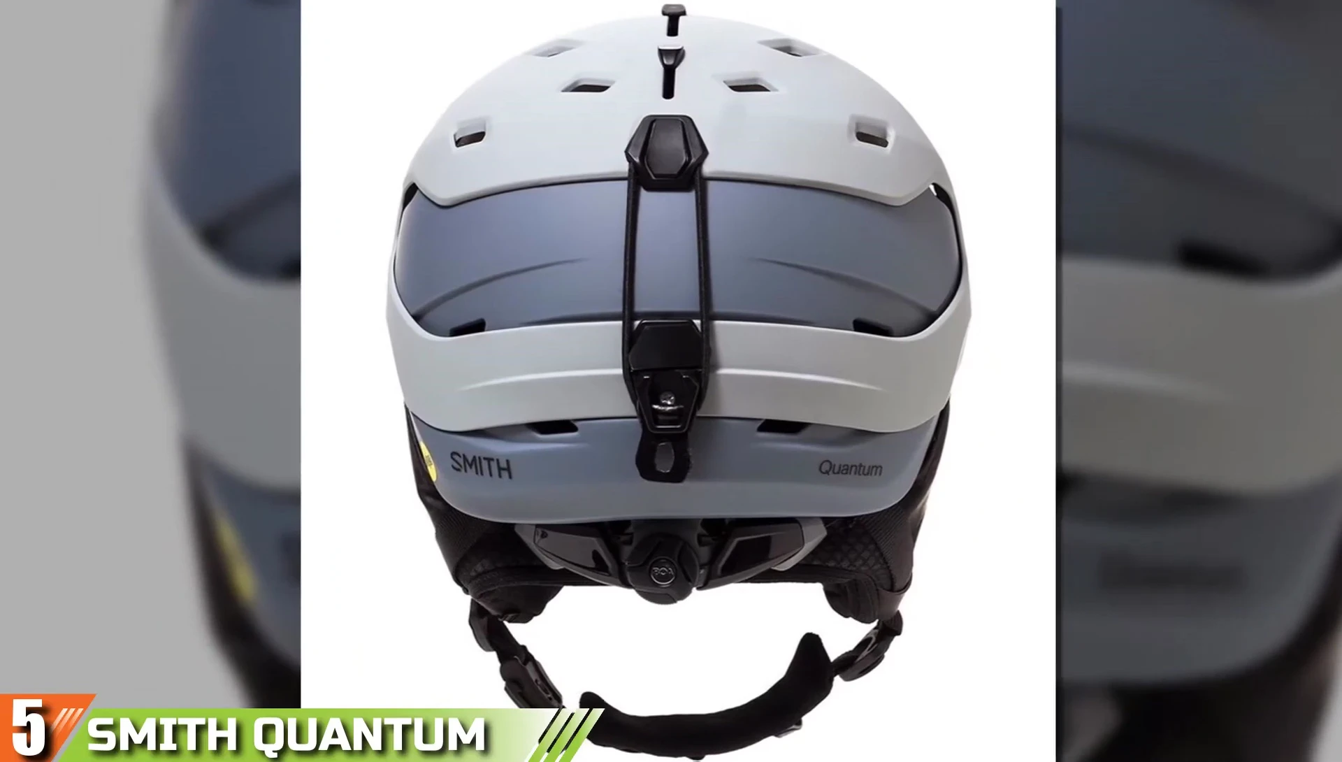Someone wearing the Smith Quantum helmet while skiing