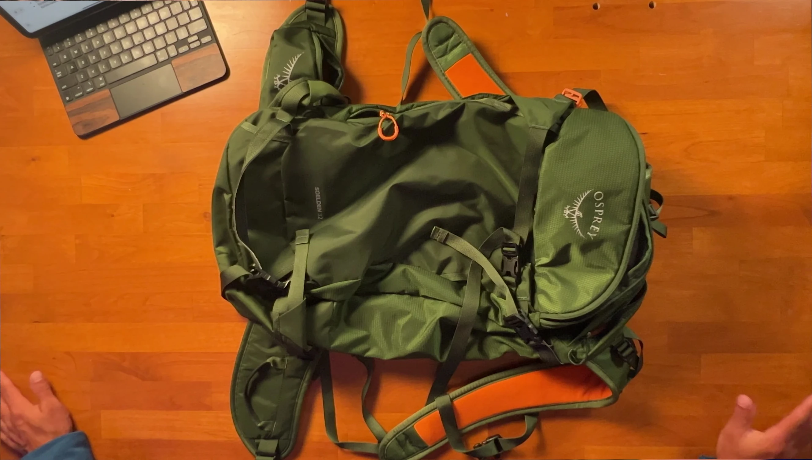 Close-up of the backpack's fabric showing texture and DWR finish