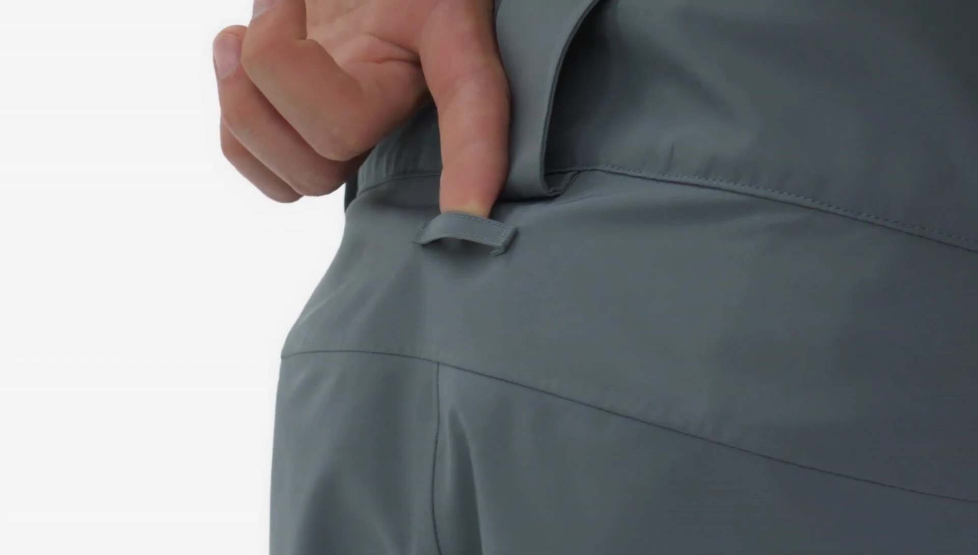 Demonstration of the rear loop attaching to a jacket's powder skirt.